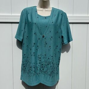 Alfred Dunner Two-in-one Short Sleeve Teal Shacket w/ top | Small DunnerStunner